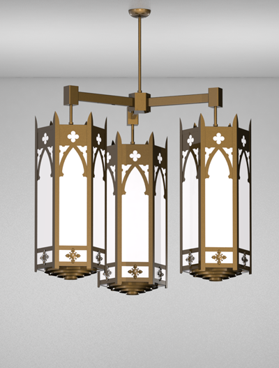 Cambridge Series 3-Arm Cluster Pendant Church Lighting Fixture in Medium Bronze Finish
